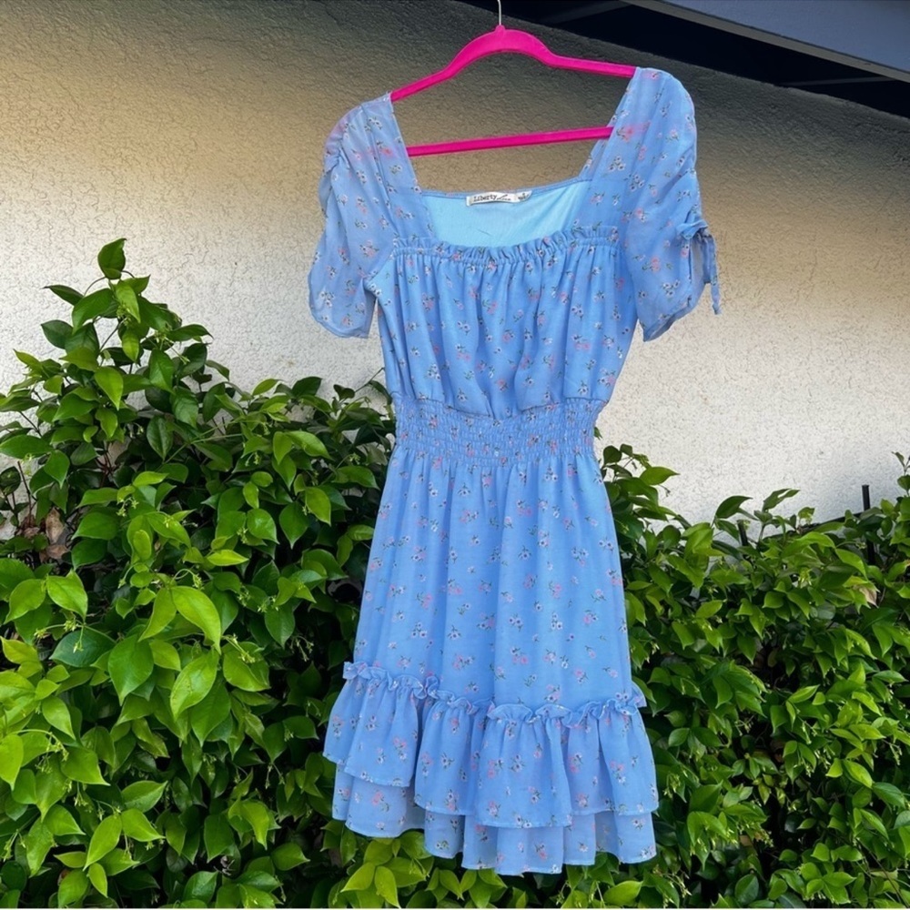 Blue Cottagecore floral print ruffle boutique dress